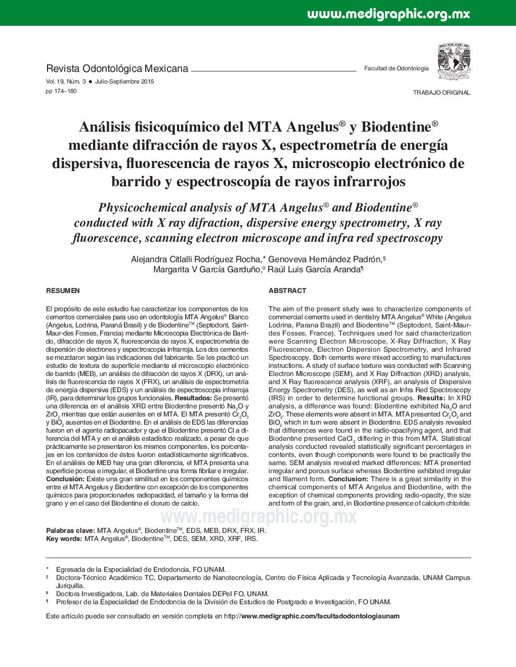 Análisis fisicoquímico del MTA Angelus® y Biodentine® mediante difracción de rayos X, espectrometría de energía dispersiva, fluorescencia de rayos X, microscopio electrónico de barrido y espectroscopía de rayos infrarrojos