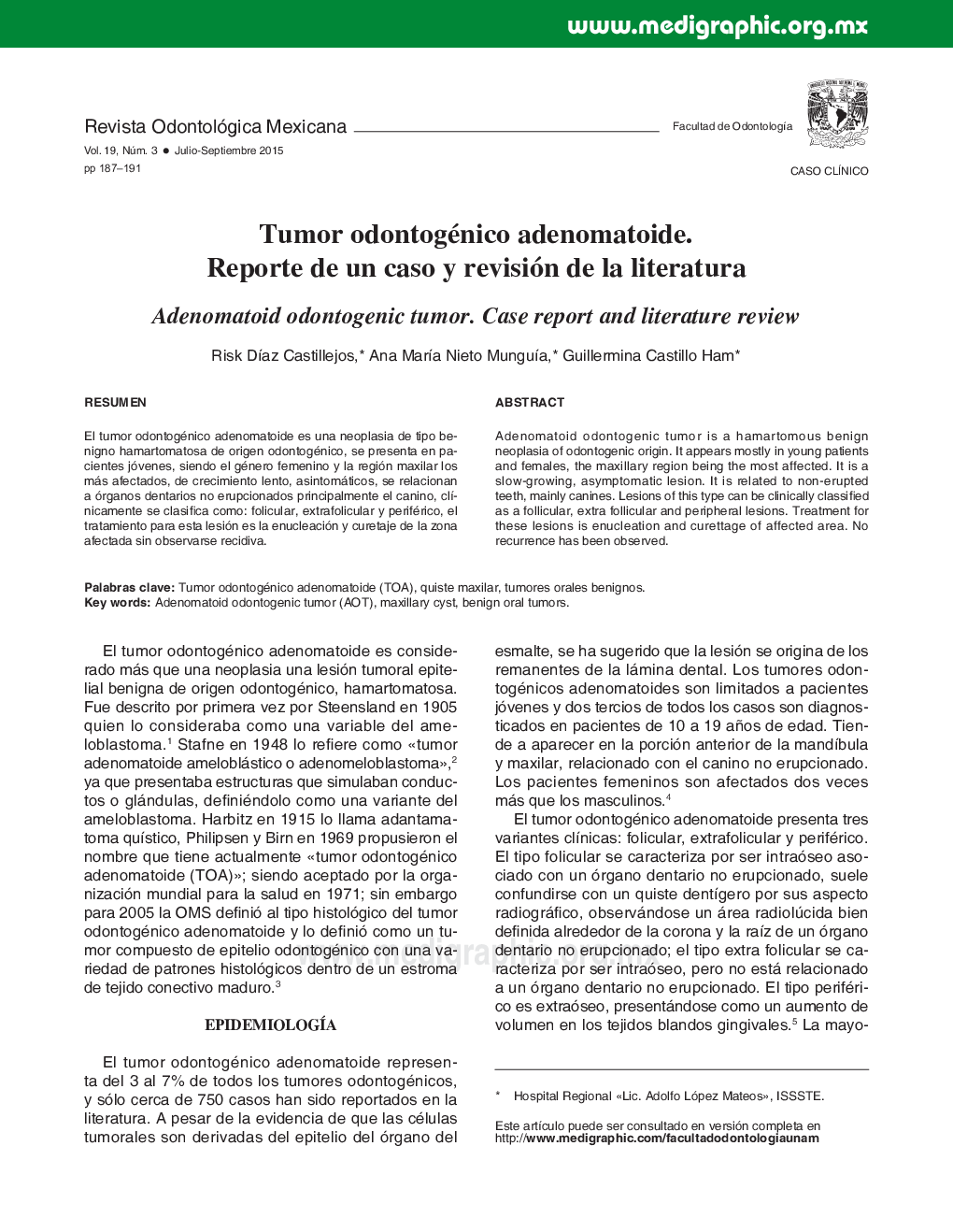 عکس صفحه اول مقاله: Tumor odontogénico adenomatoide. Reporte de un caso y revisión de la literatura Tumor odontogénico adenomatoide. Reporte de un caso y revisión de la literatura