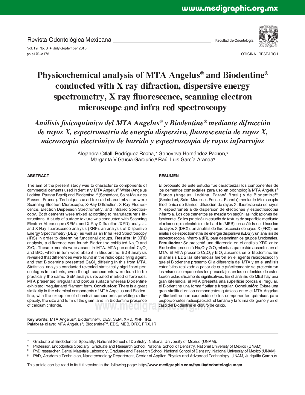 Physicochemical analysis of MTA Angelus® and Biodentine® conducted with X ray difraction, dispersive energy spectrometry, X ray fluorescence, scanning electron microscope and infra red spectroscopy