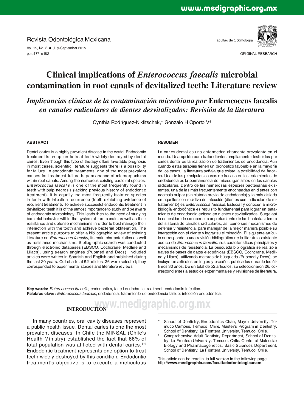 Clinical implications of Enterococcus faecalis microbial contamination in root canals of devitalized teeth: Literature review