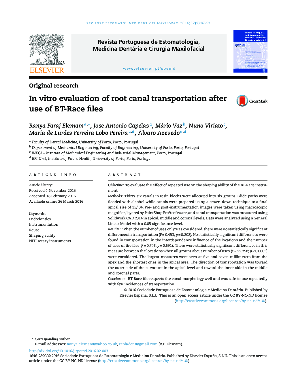 In vitro evaluation of root canal transportation after use of BT-Race files