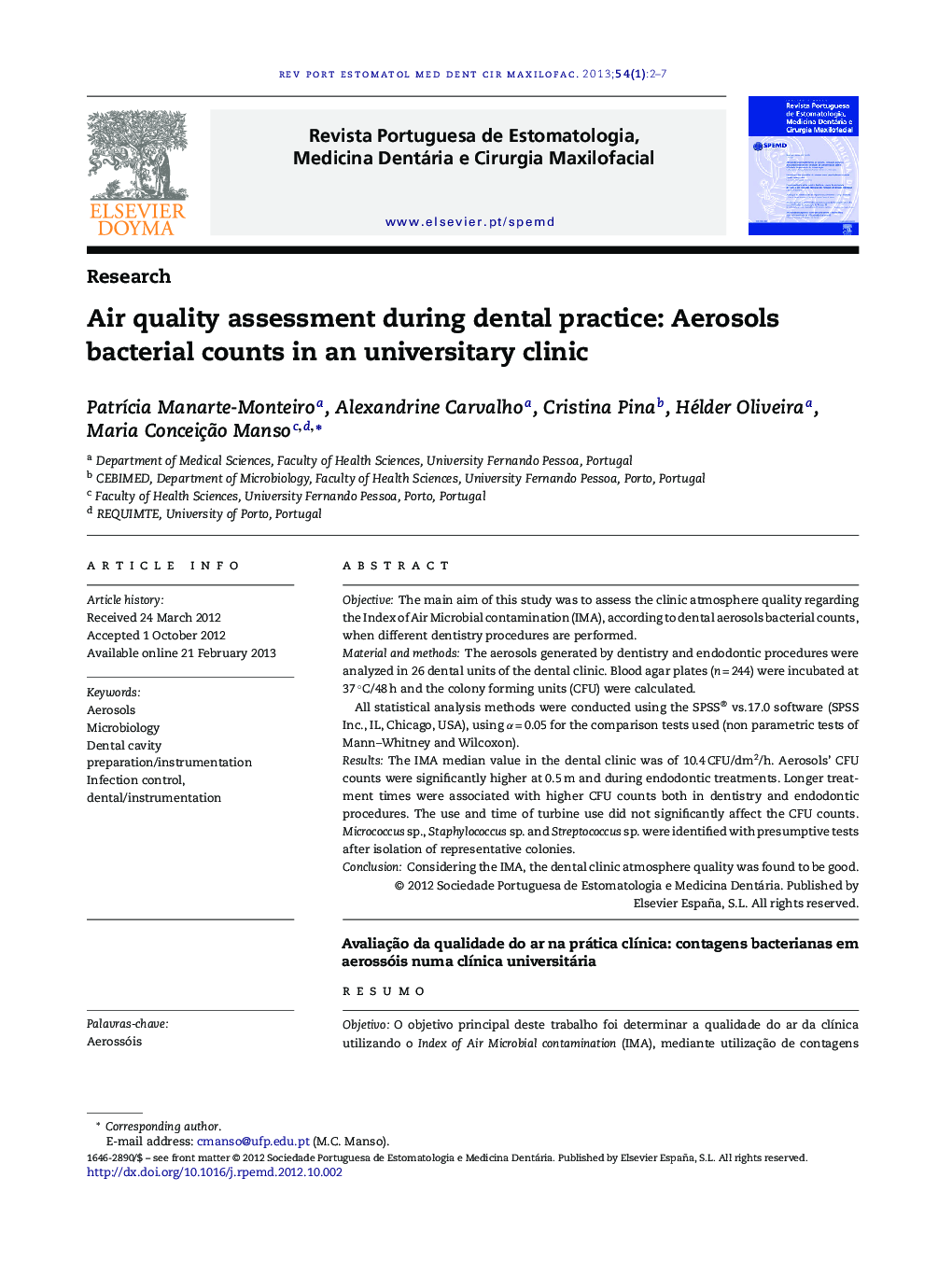 Air quality assessment during dental practice: Aerosols bacterial counts in an universitary clinic