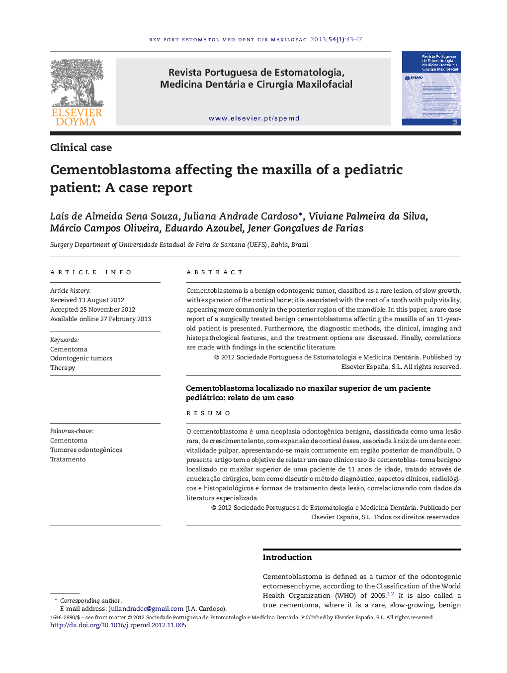 Cementoblastoma affecting the maxilla of a pediatric patient: A case report