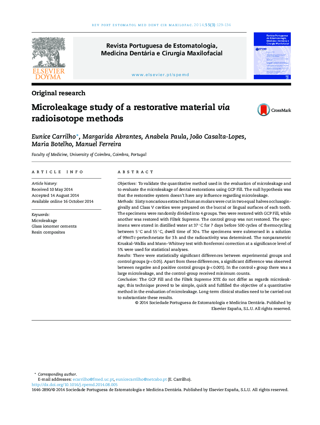 Microleakage study of a restorative material via radioisotope methods