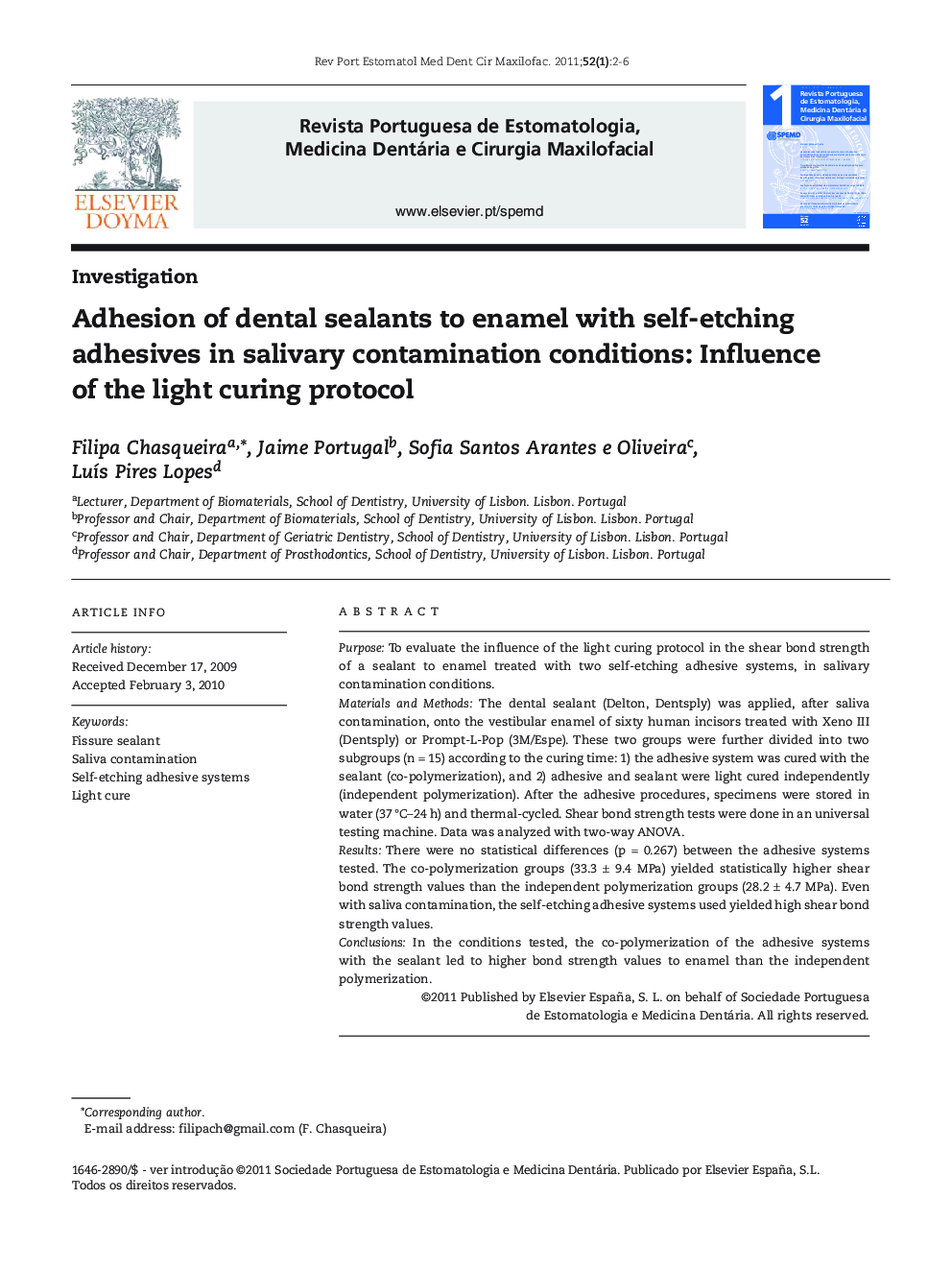 Adhesion of dental sealants to enamel with self-etching adhesives in salivary contamination conditions: Influence of the light curing protocol
