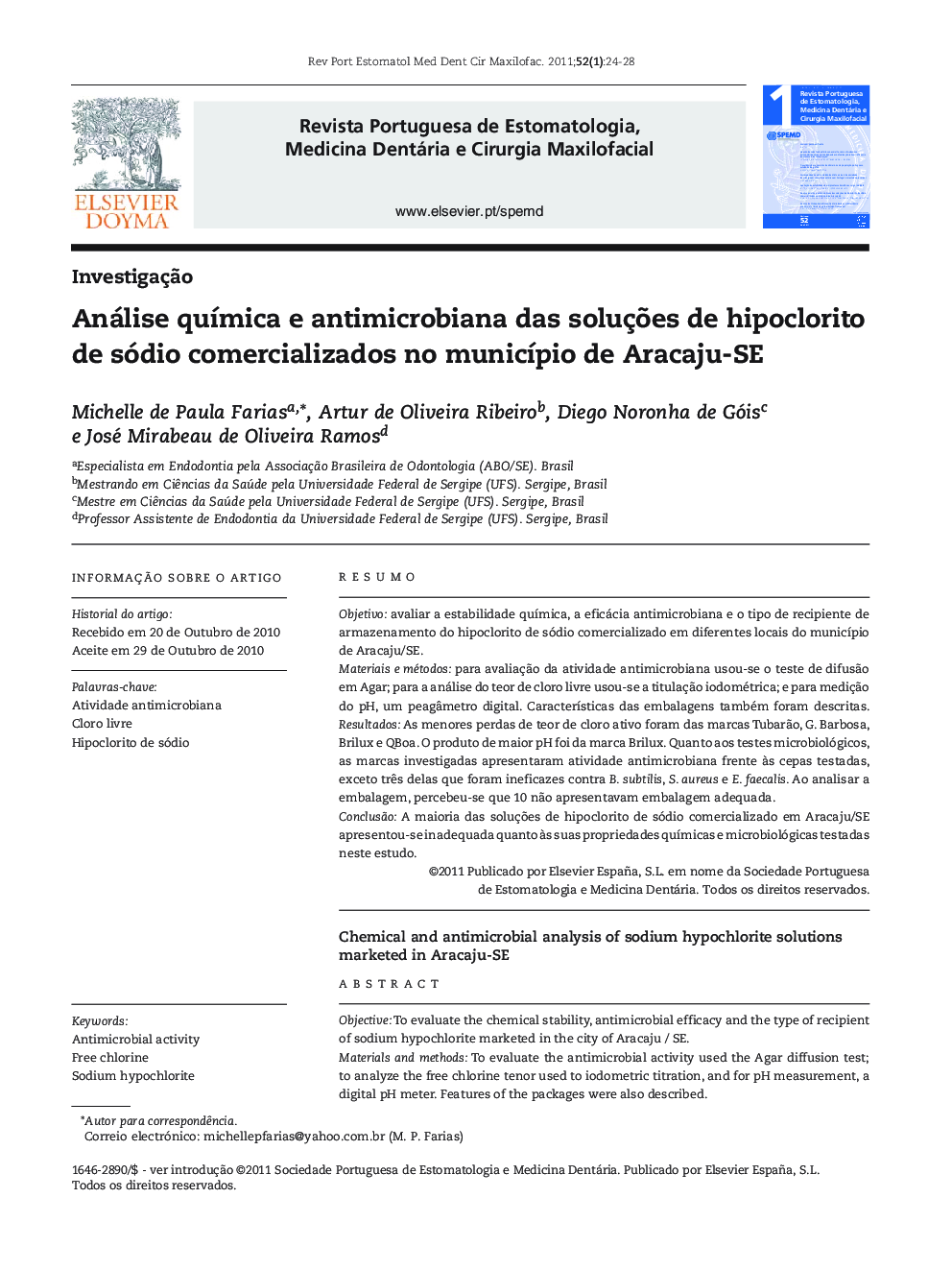 Análise química e antimicrobiana das soluções de hipoclorito de sódio comercializados no município de Aracaju-SE
