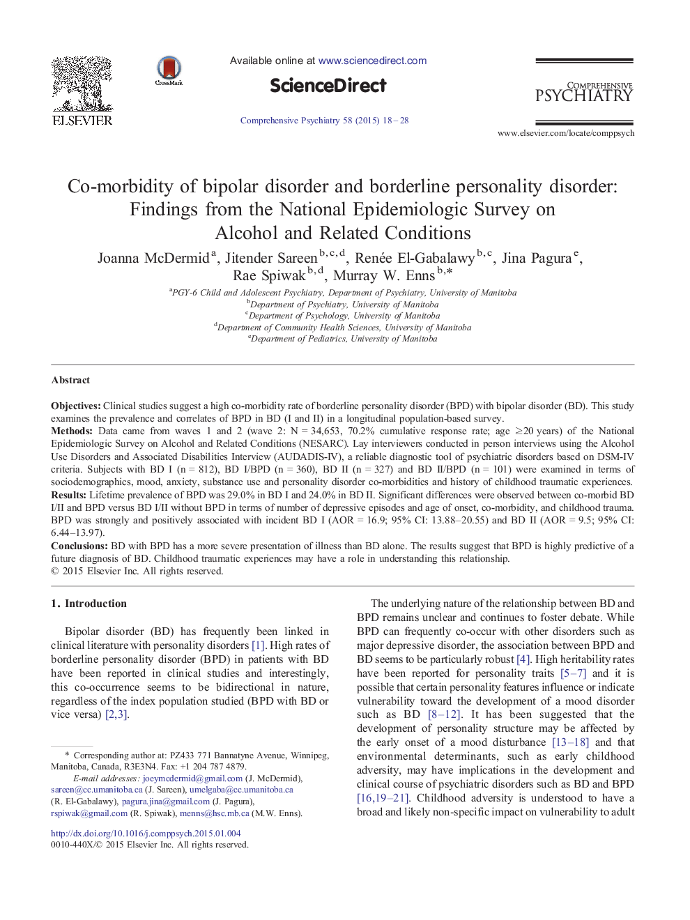 Co-morbidity of bipolar disorder and borderline personality disorder: Findings from the National Epidemiologic Survey on Alcohol and Related Conditions