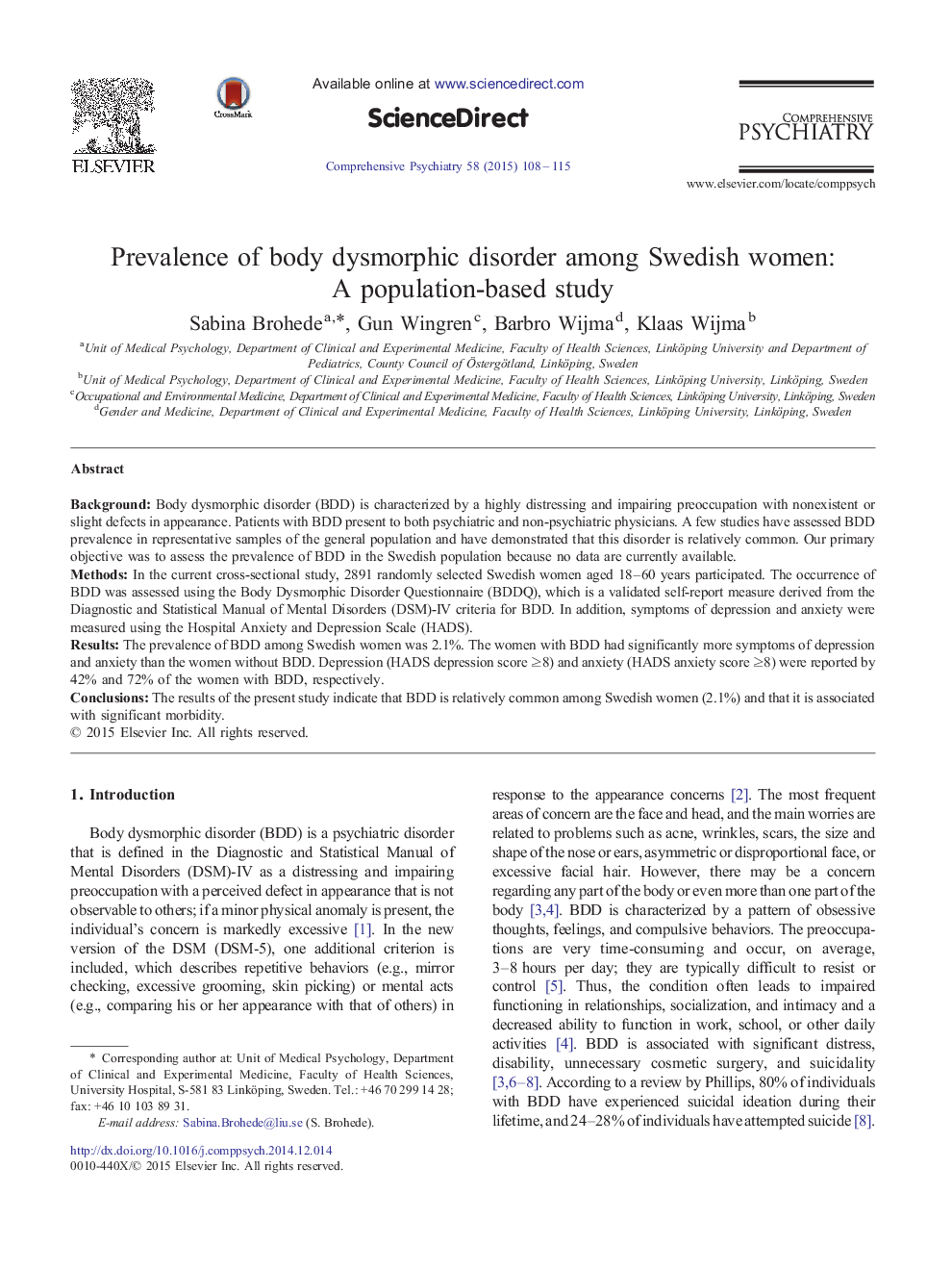 Prevalence of body dysmorphic disorder among Swedish women: A population-based study