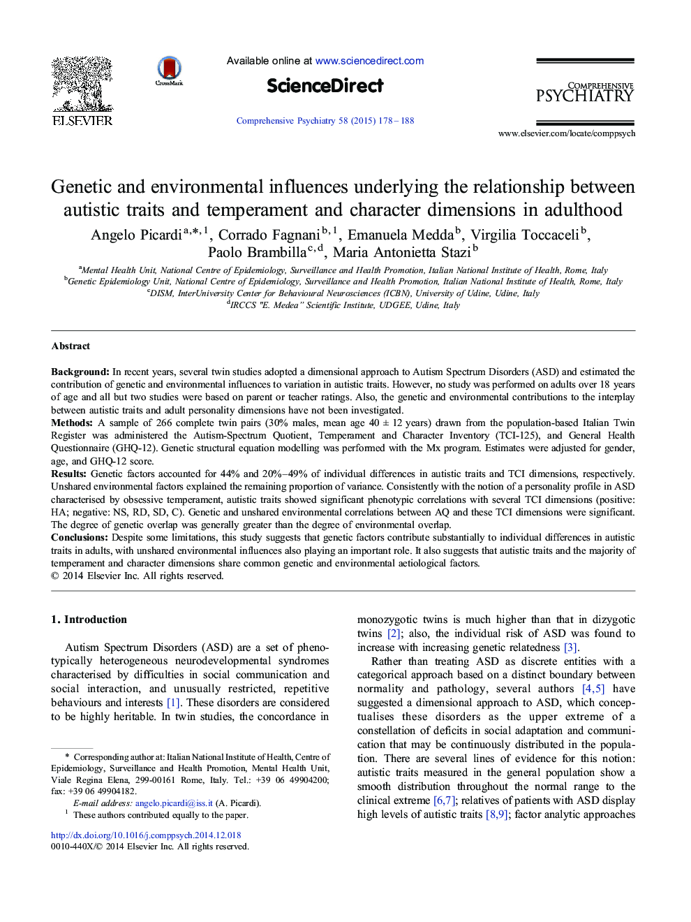 Genetic and environmental influences underlying the relationship between autistic traits and temperament and character dimensions in adulthood