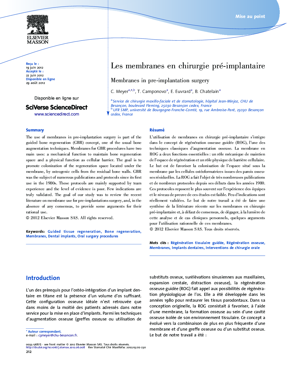 Les membranes en chirurgie pré-implantaire