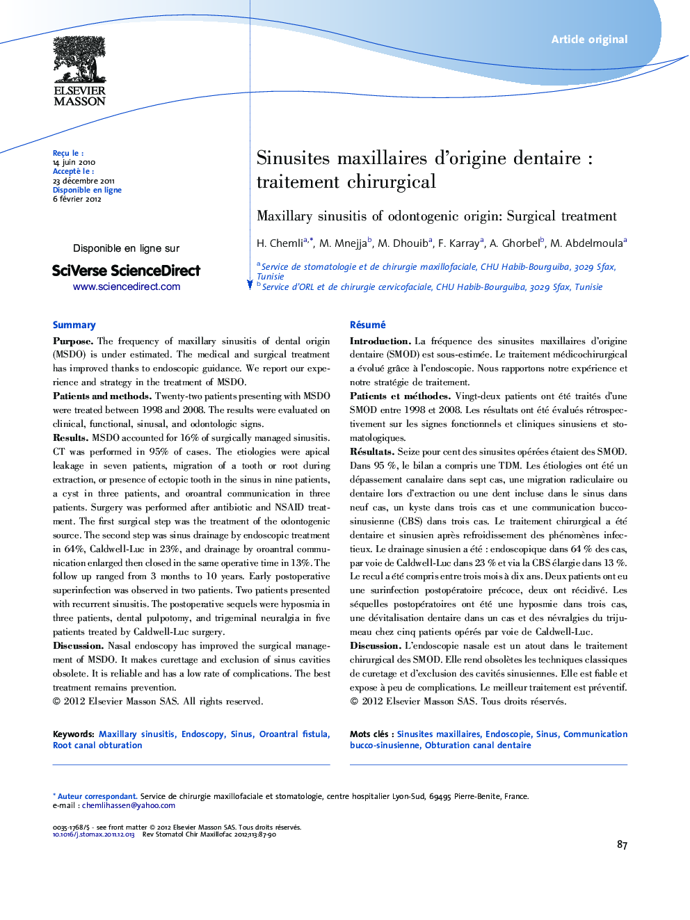 Sinusites maxillaires d'origine dentaireÂ : traitement chirurgical