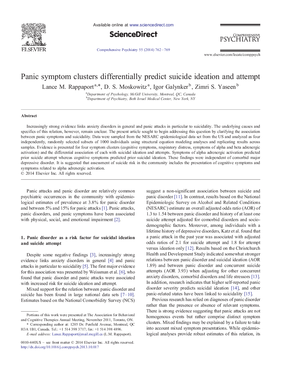 Panic symptom clusters differentially predict suicide ideation and attempt 