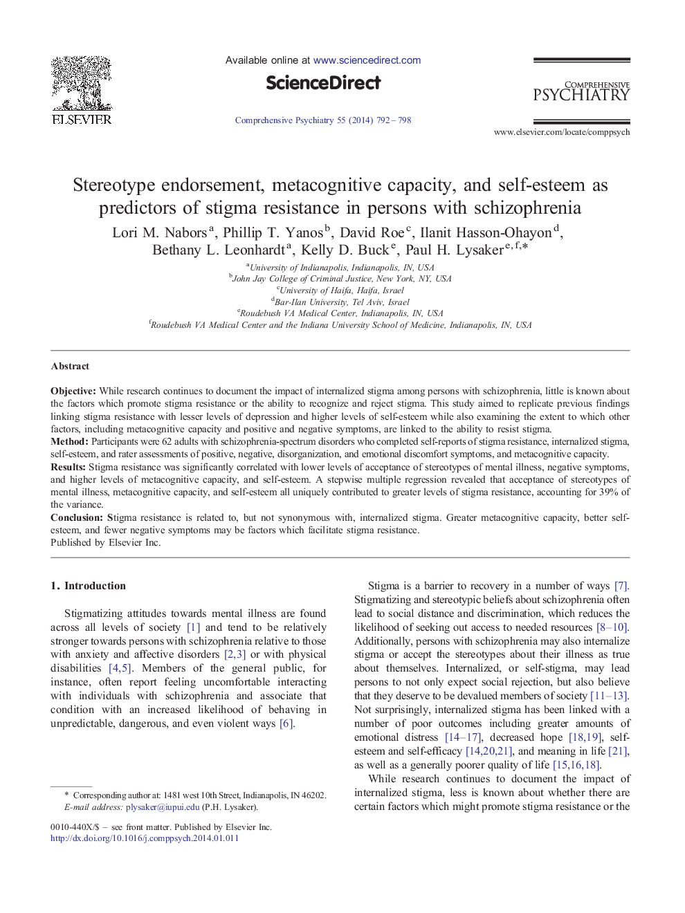 Stereotype endorsement, metacognitive capacity, and self-esteem as predictors of stigma resistance in persons with schizophrenia