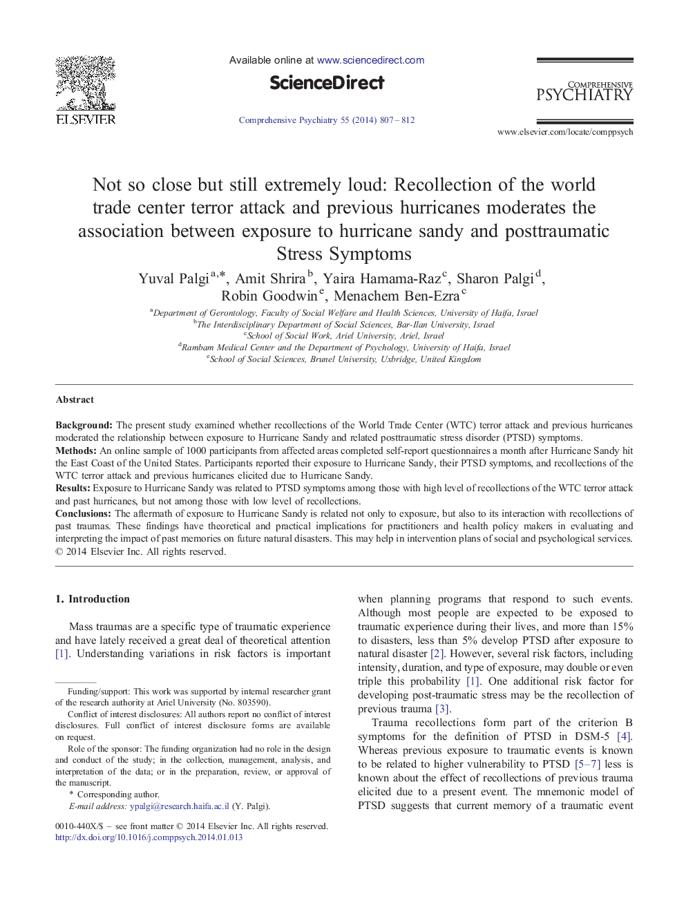 Not so close but still extremely loud: Recollection of the world trade center terror attack and previous hurricanes moderates the association between exposure to hurricane sandy and posttraumatic Stress Symptoms 