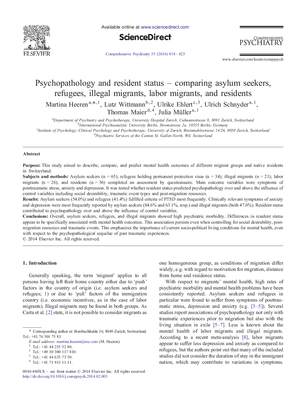 Psychopathology and resident status – comparing asylum seekers, refugees, illegal migrants, labor migrants, and residents