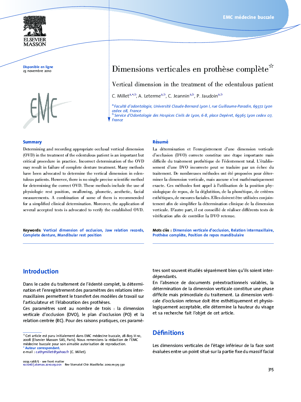عکس صفحه اول مقاله: Dimensions verticales en prothèse complète Dimensions verticales en prothèse complète