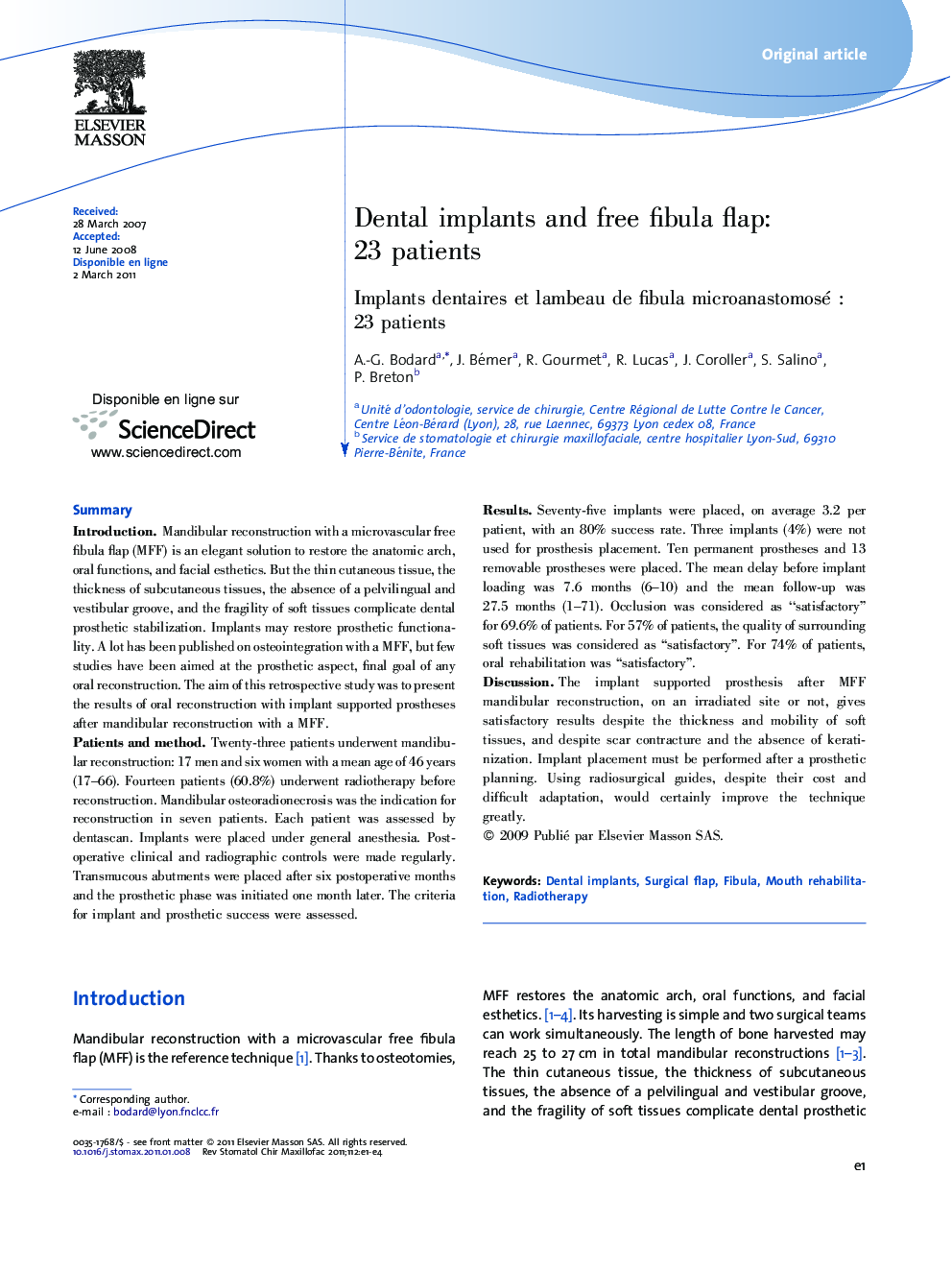 Dental implants and free fibula flap: 23Â patients