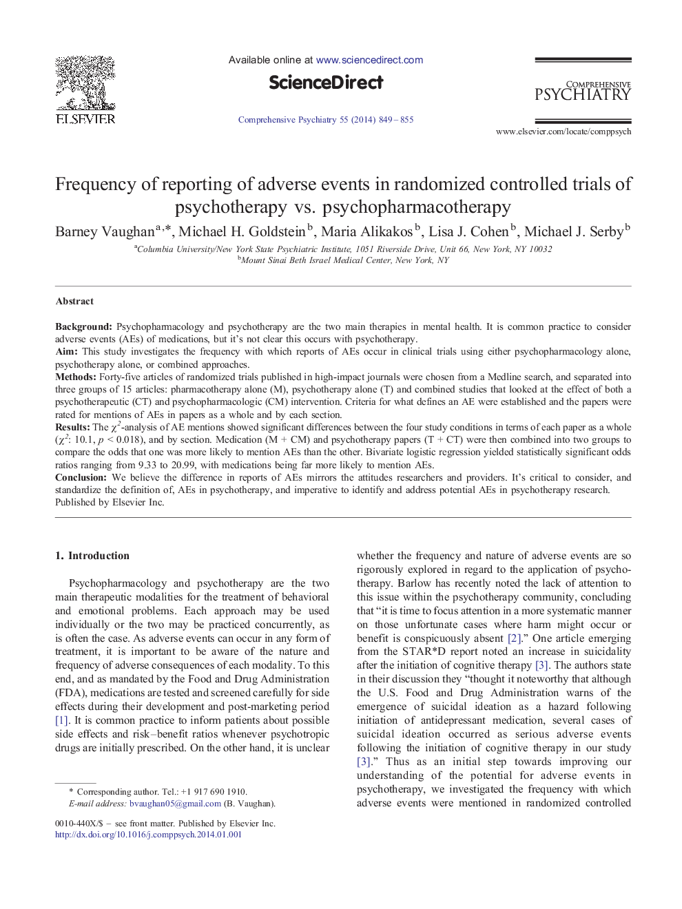 Frequency of reporting of adverse events in randomized controlled trials of psychotherapy vs. psychopharmacotherapy