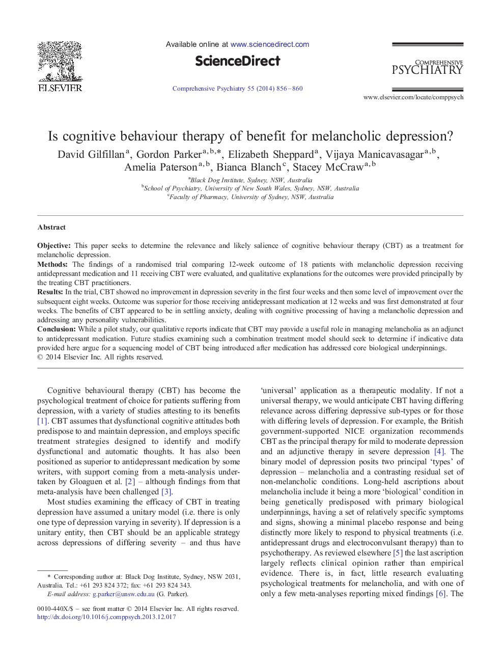 Is cognitive behaviour therapy of benefit for melancholic depression?