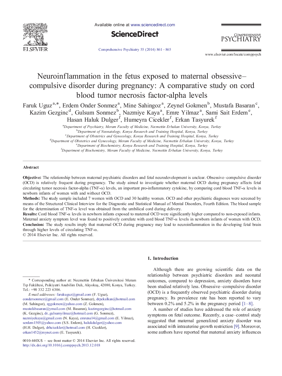 Neuroinflammation in the fetus exposed to maternal obsessive–compulsive disorder during pregnancy: A comparative study on cord blood tumor necrosis factor-alpha levels