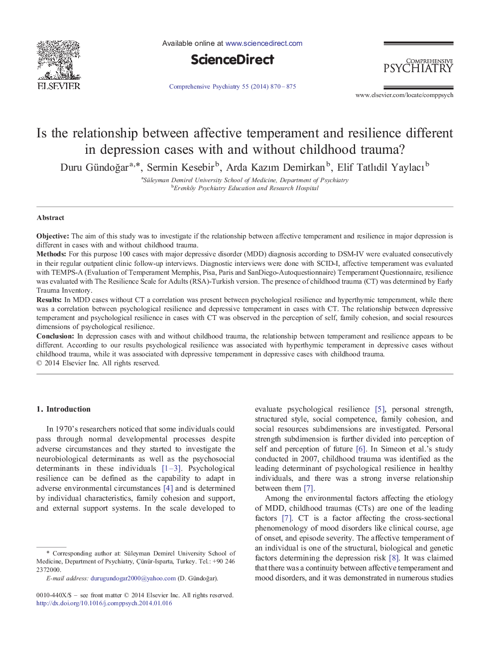 Is the relationship between affective temperament and resilience different in depression cases with and without childhood trauma?