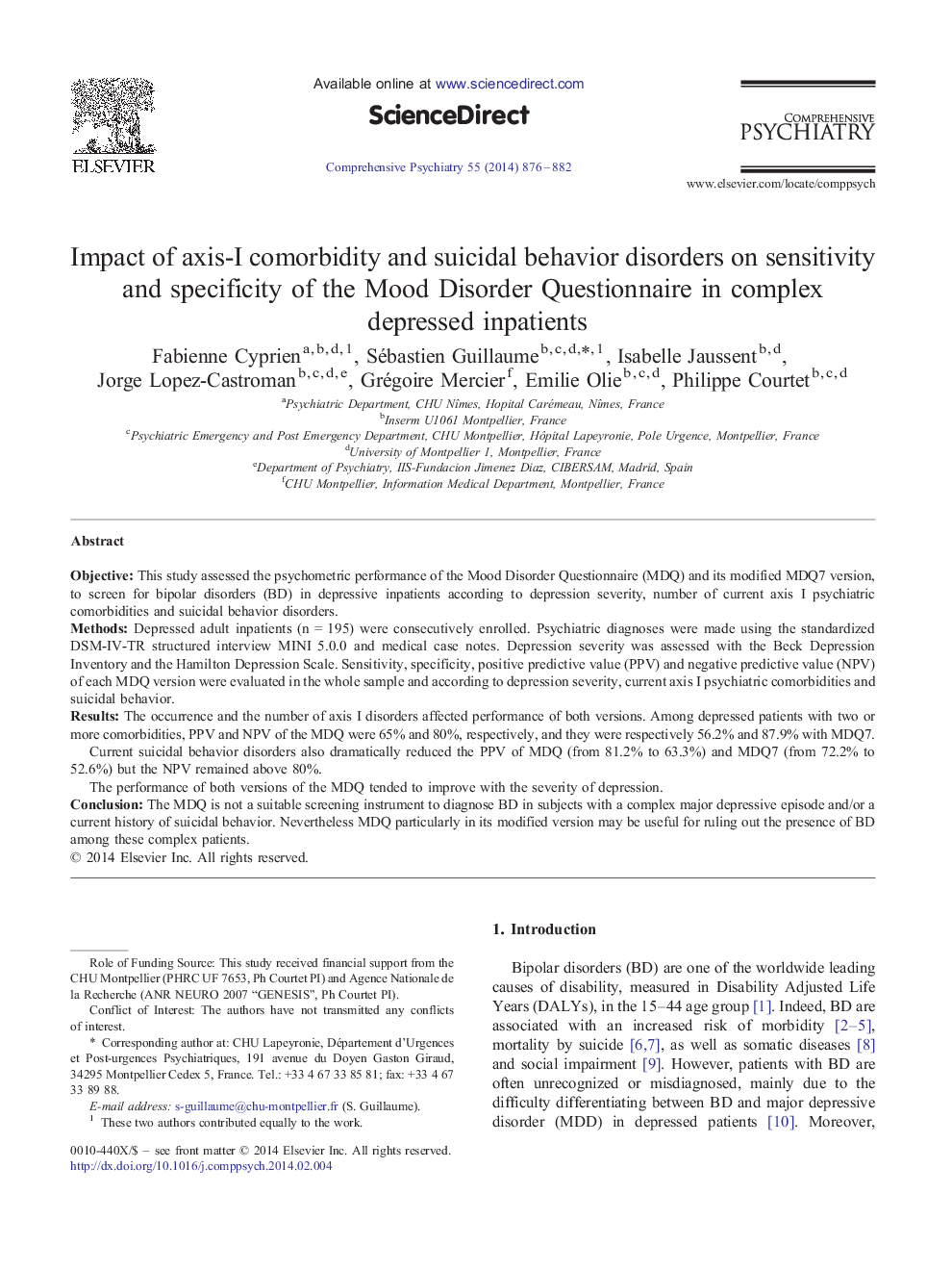 Impact of axis-I comorbidity and suicidal behavior disorders on sensitivity and specificity of the Mood Disorder Questionnaire in complex depressed inpatients 