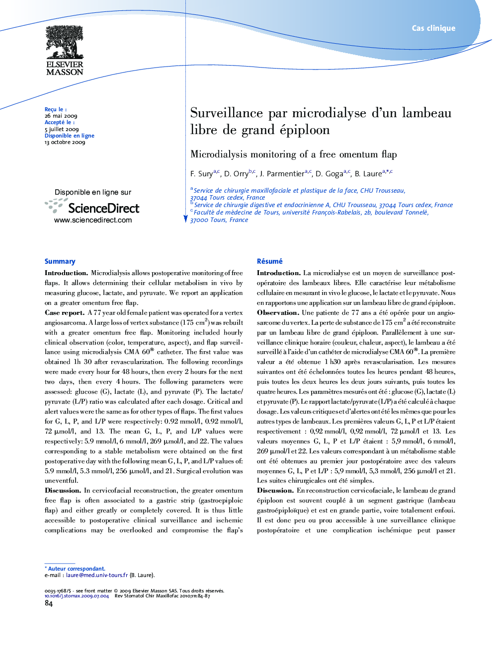 Surveillance par microdialyse d'un lambeau libre de grand épiploon