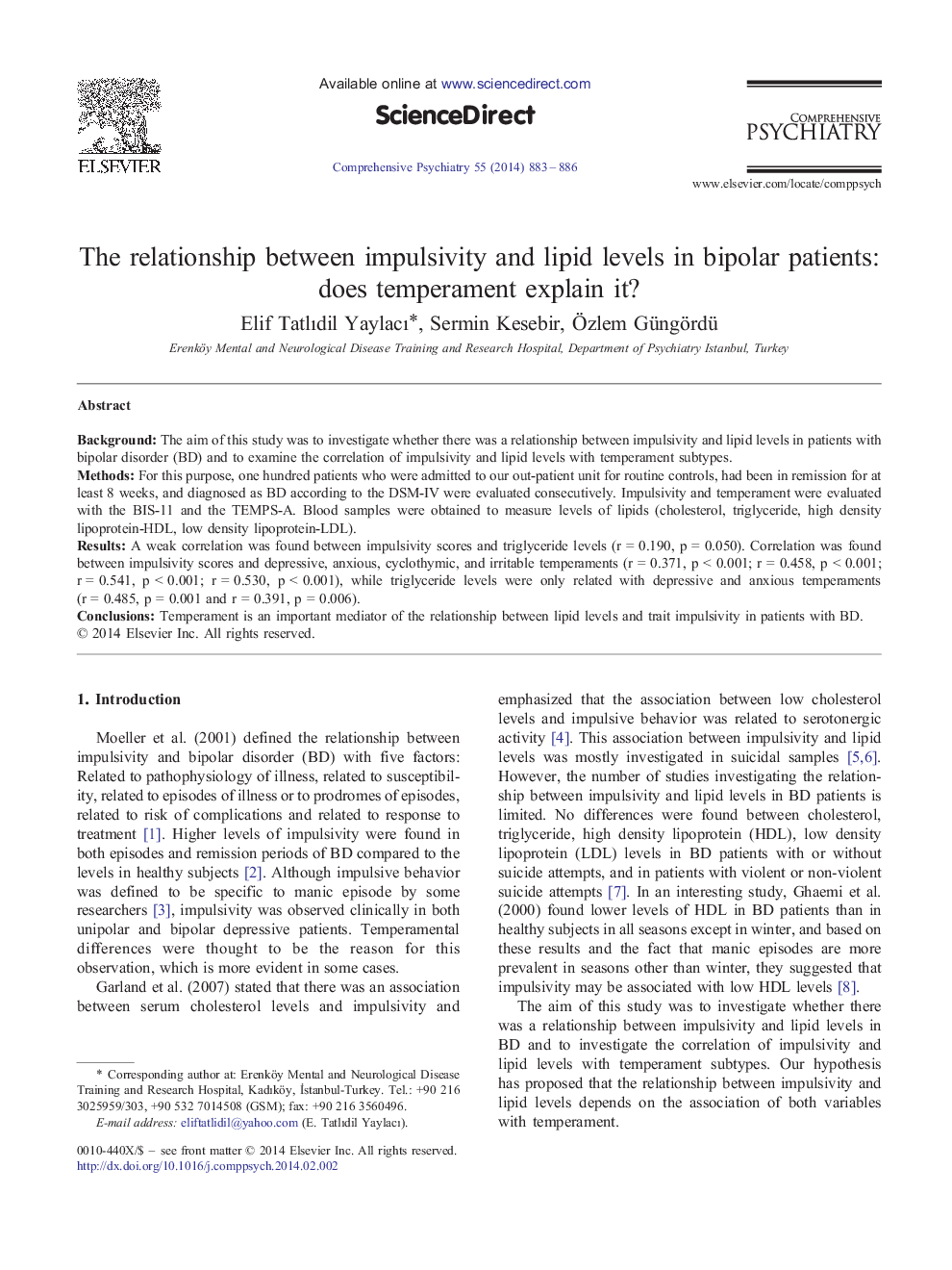 The relationship between impulsivity and lipid levels in bipolar patients: does temperament explain it?