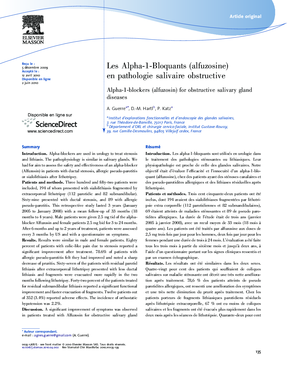 Les Alpha-1-Bloquants (alfuzosine) en pathologie salivaire obstructive