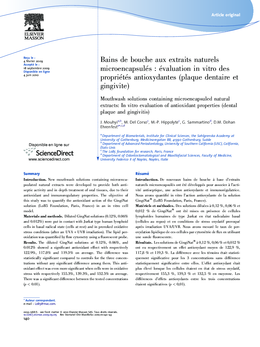 Bains de bouche aux extraits naturels microencapsulésÂ : évaluation in vitro des propriétés antioxydantes (plaque dentaire et gingivite)