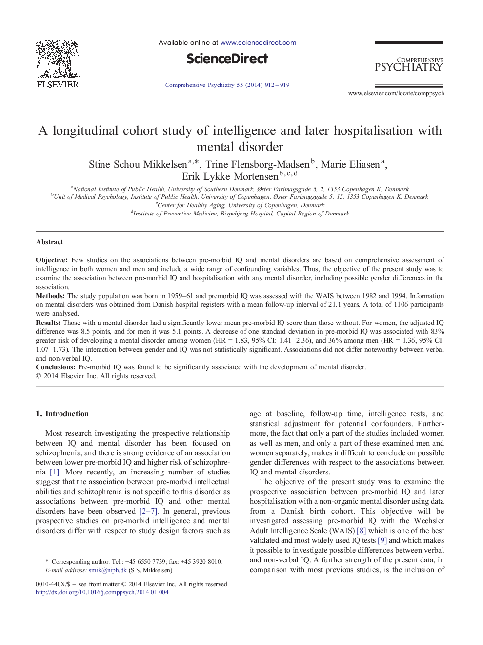 A longitudinal cohort study of intelligence and later hospitalisation with mental disorder