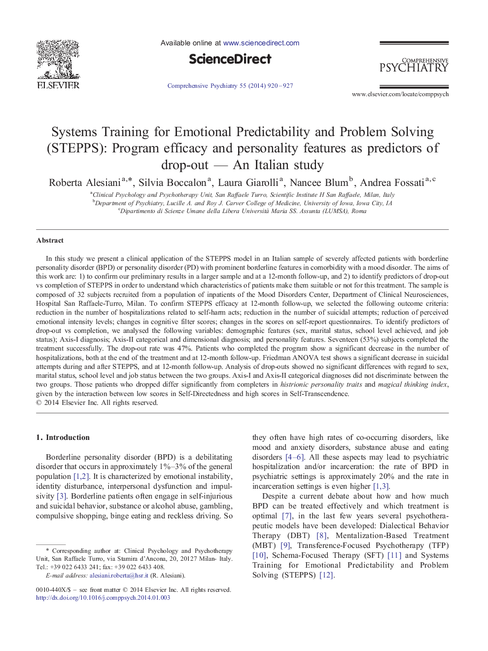 Systems Training for Emotional Predictability and Problem Solving (STEPPS): Program efficacy and personality features as predictors of drop-out — An Italian study