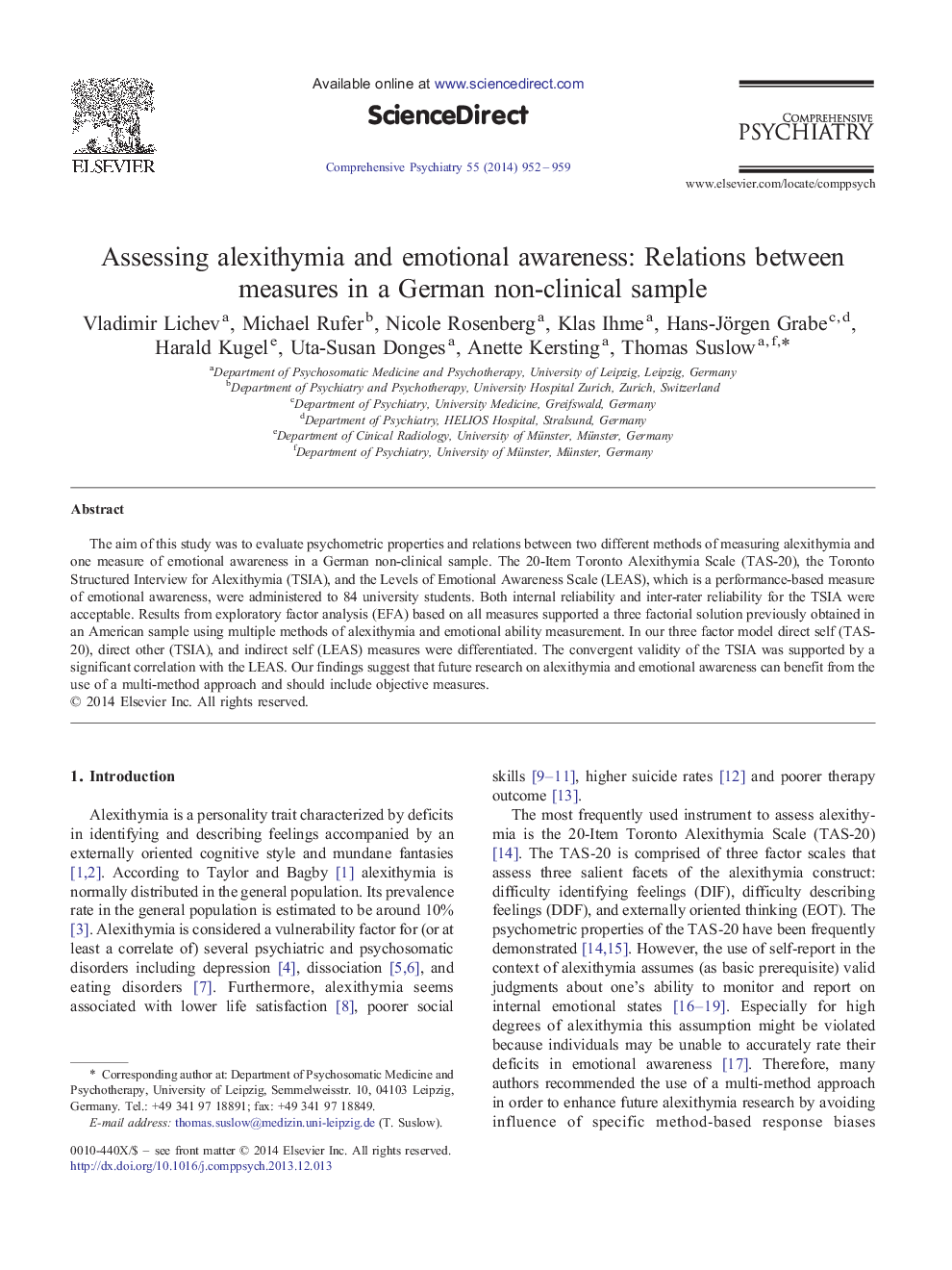 Assessing alexithymia and emotional awareness: Relations between measures in a German non-clinical sample