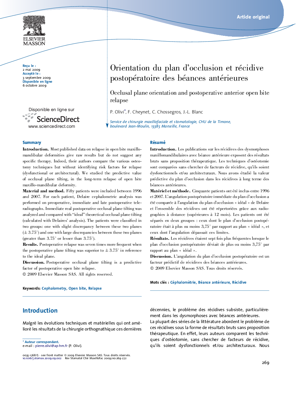 Orientation du plan d'occlusion et récidive postopératoire des béances antérieures