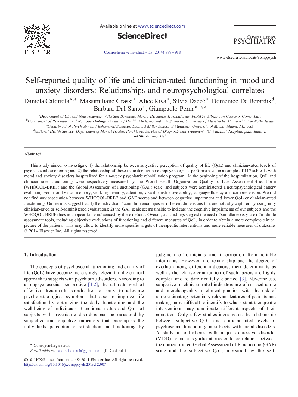 Self-reported quality of life and clinician-rated functioning in mood and anxiety disorders: Relationships and neuropsychological correlates