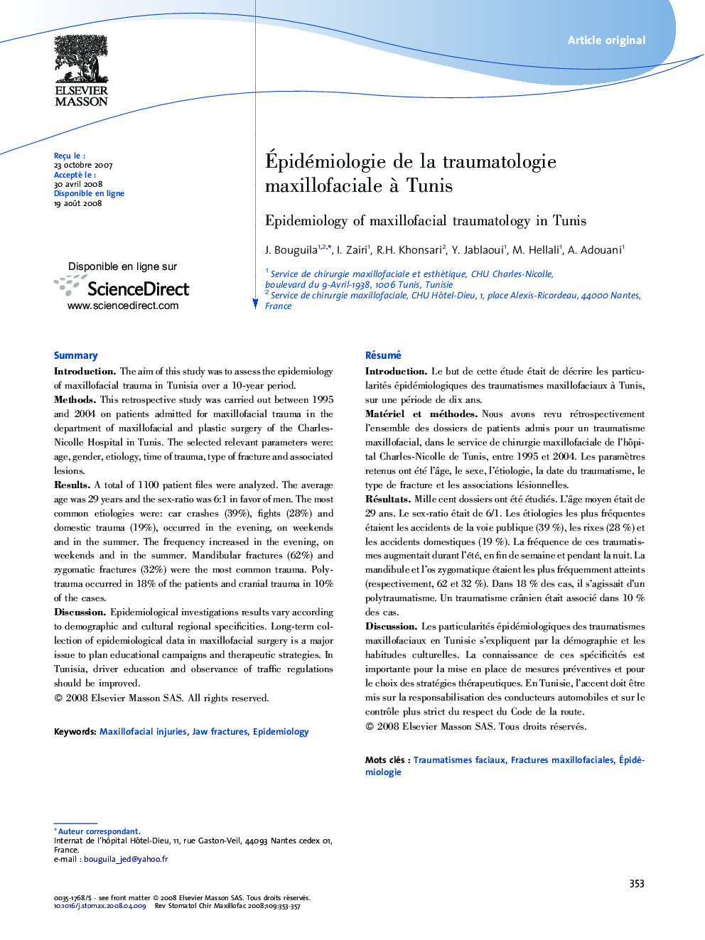 Ãpidémiologie de la traumatologie maxillofaciale Ã  Tunis