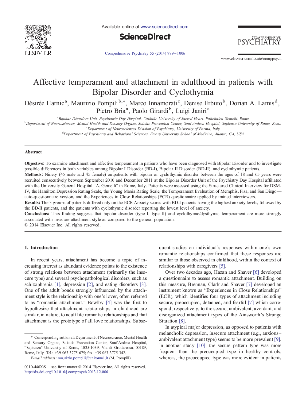 Affective temperament and attachment in adulthood in patients with Bipolar Disorder and Cyclothymia