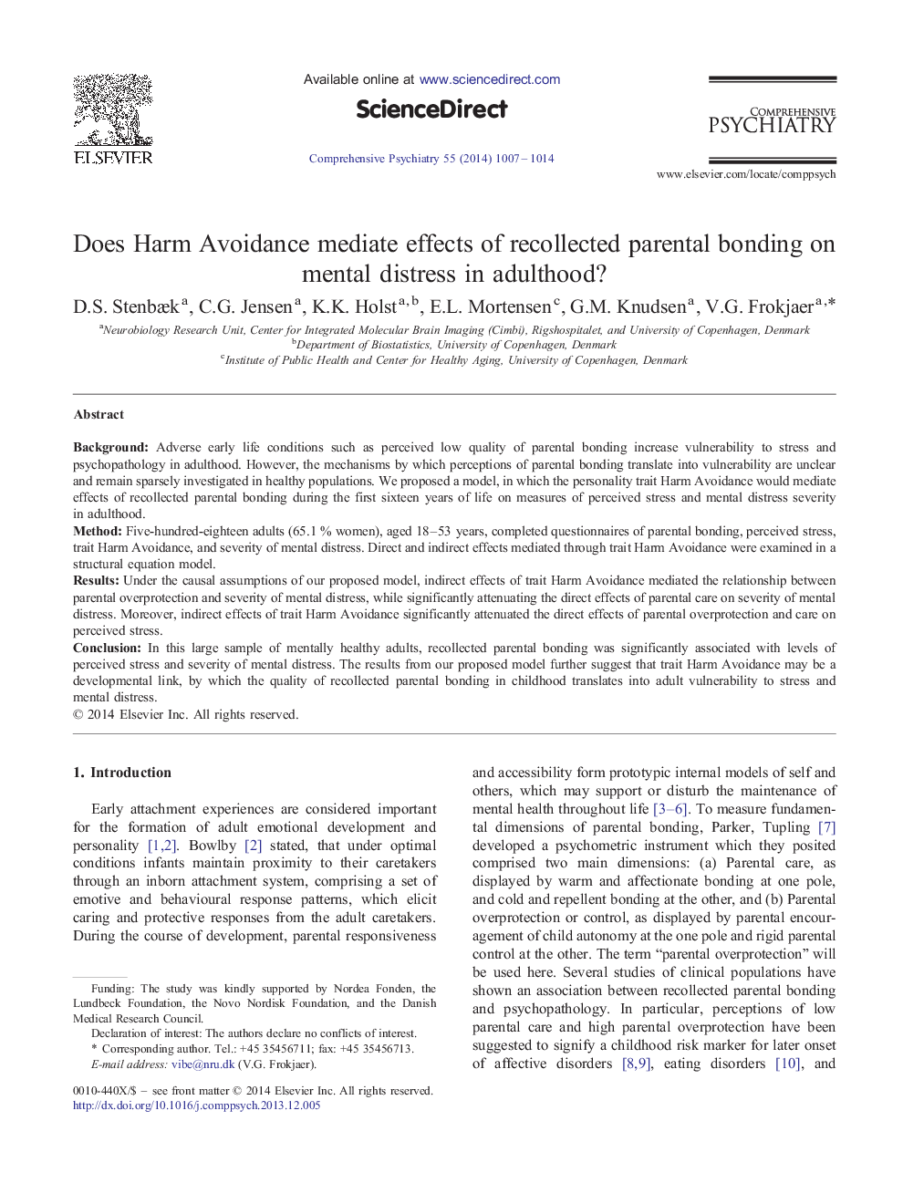 Does Harm Avoidance mediate effects of recollected parental bonding on mental distress in adulthood? 