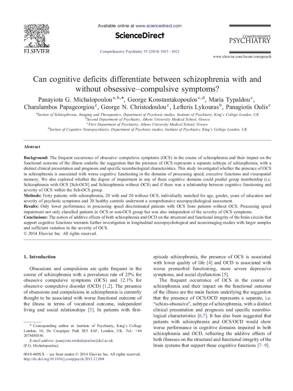 Can cognitive deficits differentiate between schizophrenia with and without obsessive–compulsive symptoms?