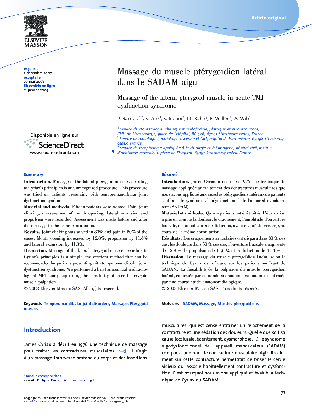 Massage du muscle ptérygoïdien latéral dans le SADAM aigu