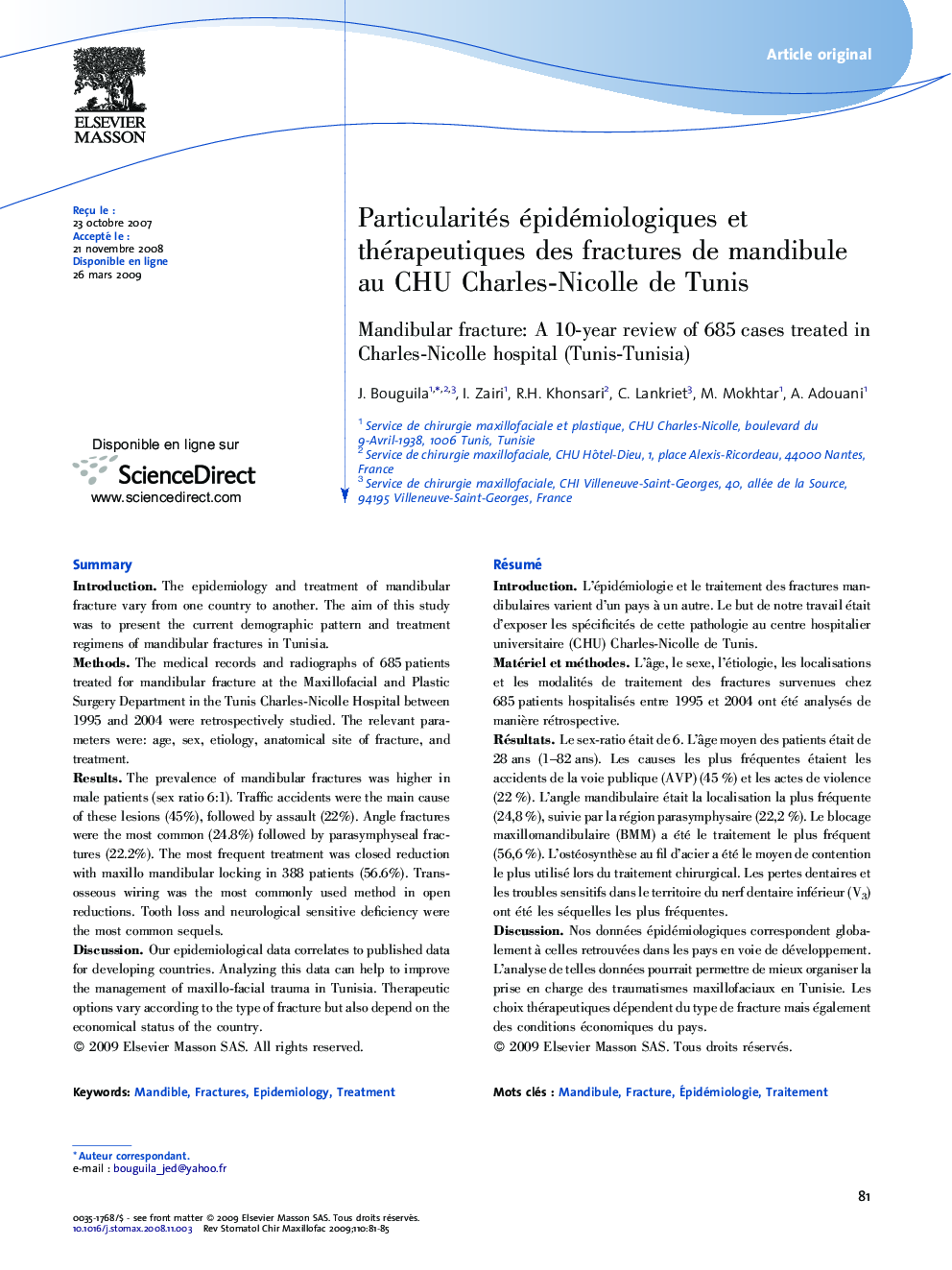 عکس صفحه اول مقاله: Particularités épidémiologiques et thérapeutiques des fractures de mandibule au CHU Charles-Nicolle de Tunis Particularités épidémiologiques et thérapeutiques des fractures de mandibule au CHU Charles-Nicolle de Tunis