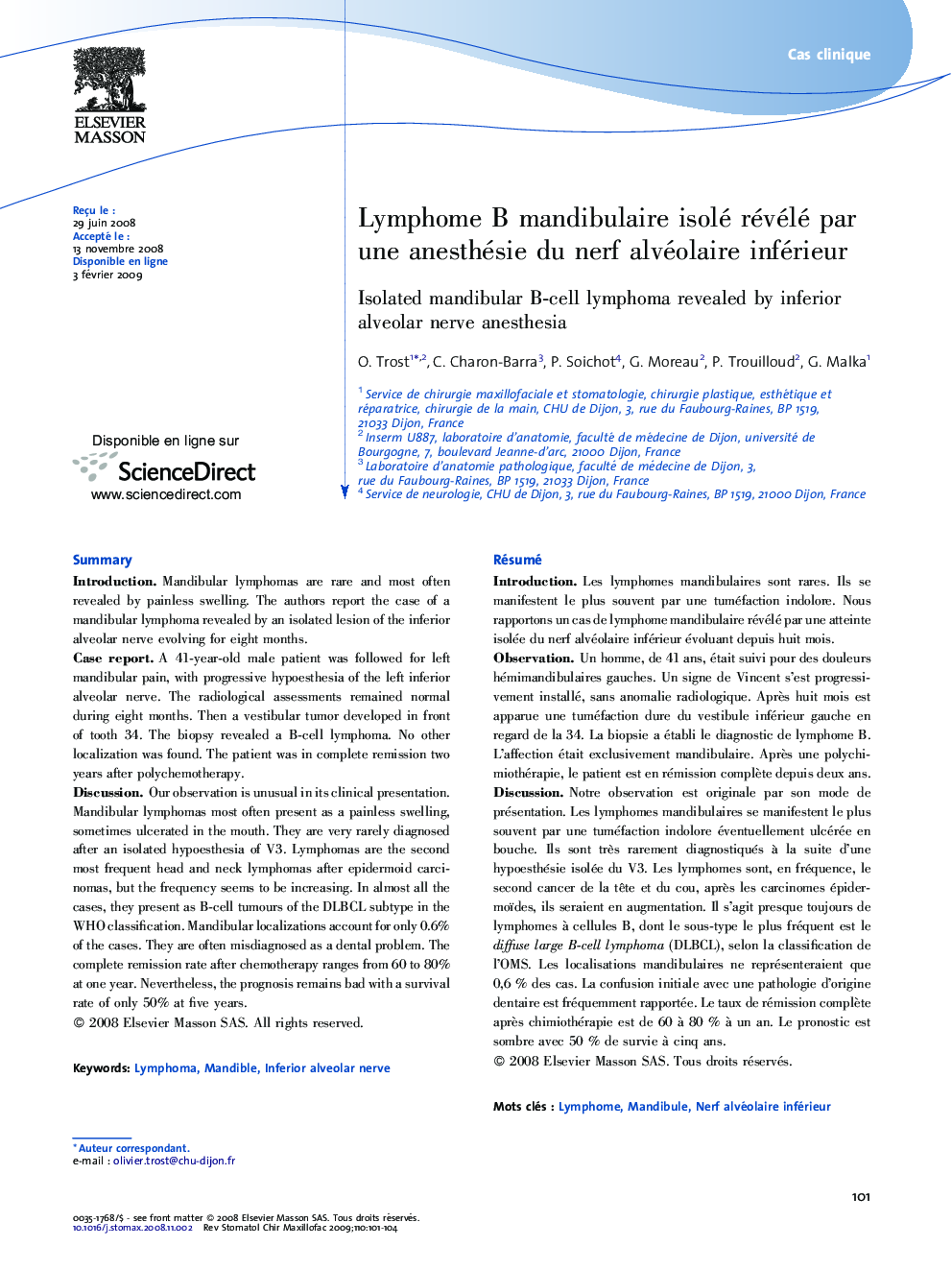 عکس صفحه اول مقاله: Lymphome B mandibulaire isolé révélé par une anesthésie du nerf alvéolaire inférieur Lymphome B mandibulaire isolé révélé par une anesthésie du nerf alvéolaire inférieur