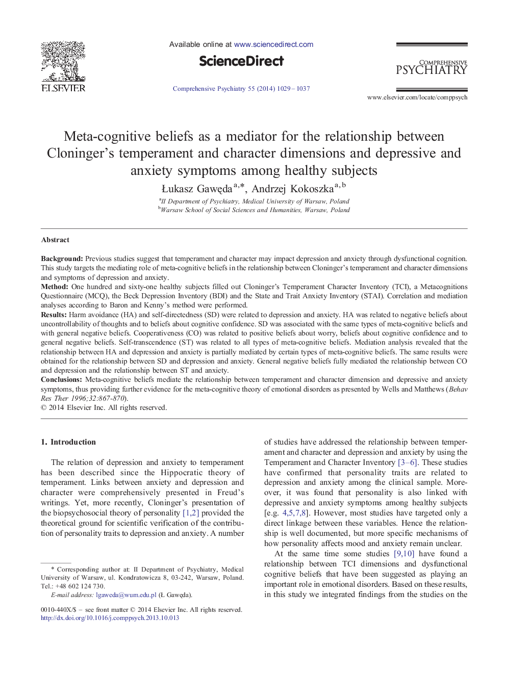 Meta-cognitive beliefs as a mediator for the relationship between Cloninger’s temperament and character dimensions and depressive and anxiety symptoms among healthy subjects