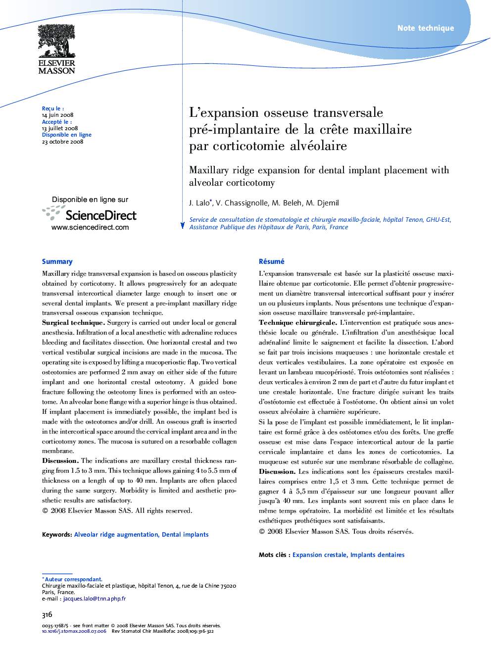 L'expansion osseuse transversale pré-implantaire de la crÃªte maxillaire par corticotomie alvéolaire