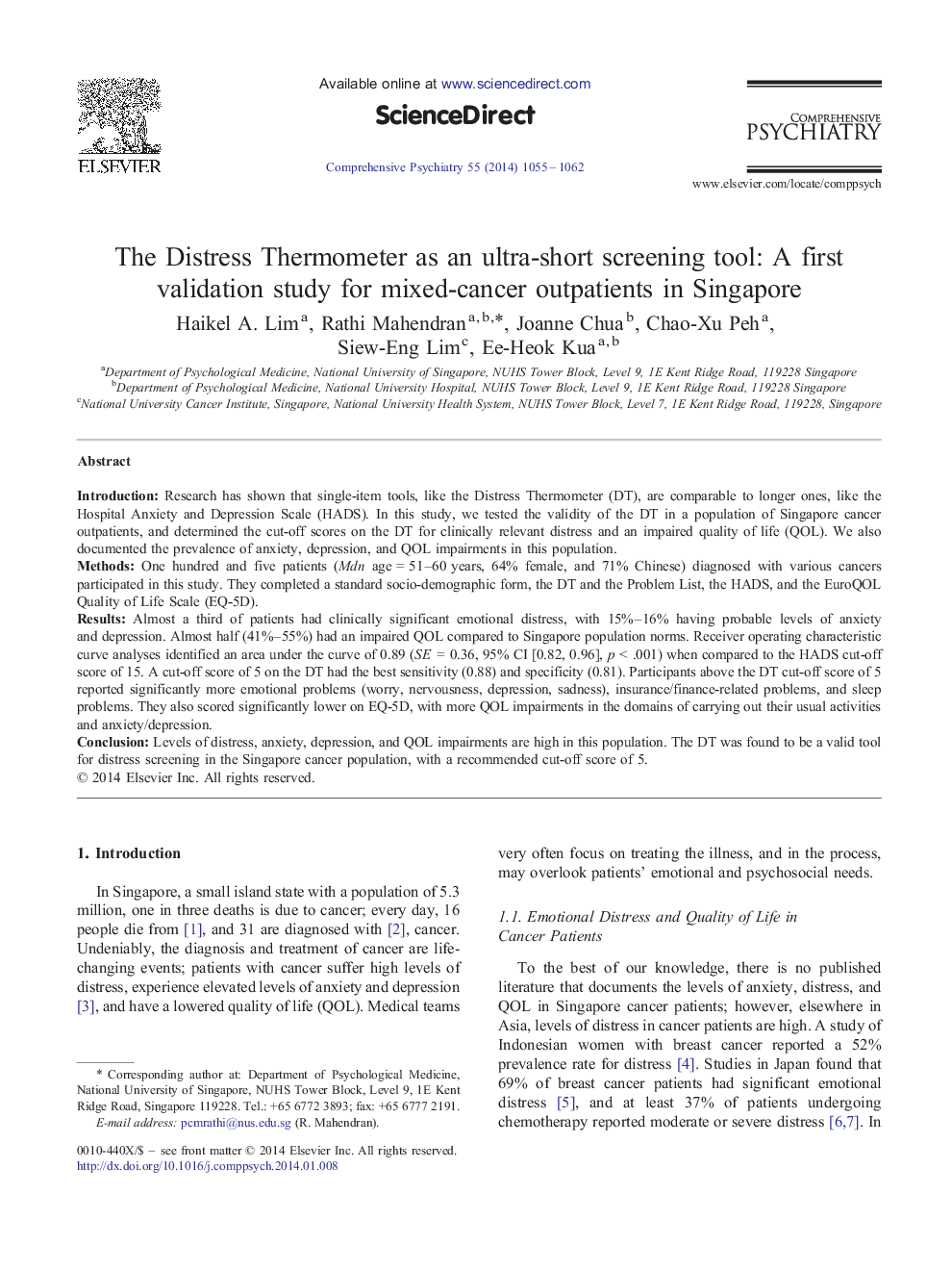 The Distress Thermometer as an ultra-short screening tool: A first validation study for mixed-cancer outpatients in Singapore