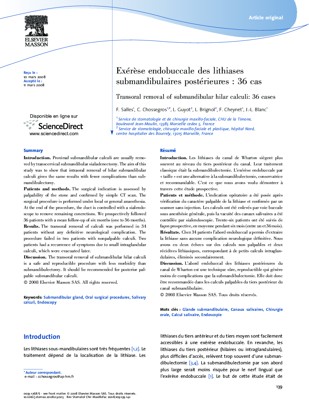 ExérÃ¨se endobuccale des lithiases submandibulaires postérieuresÂ : 36 cas