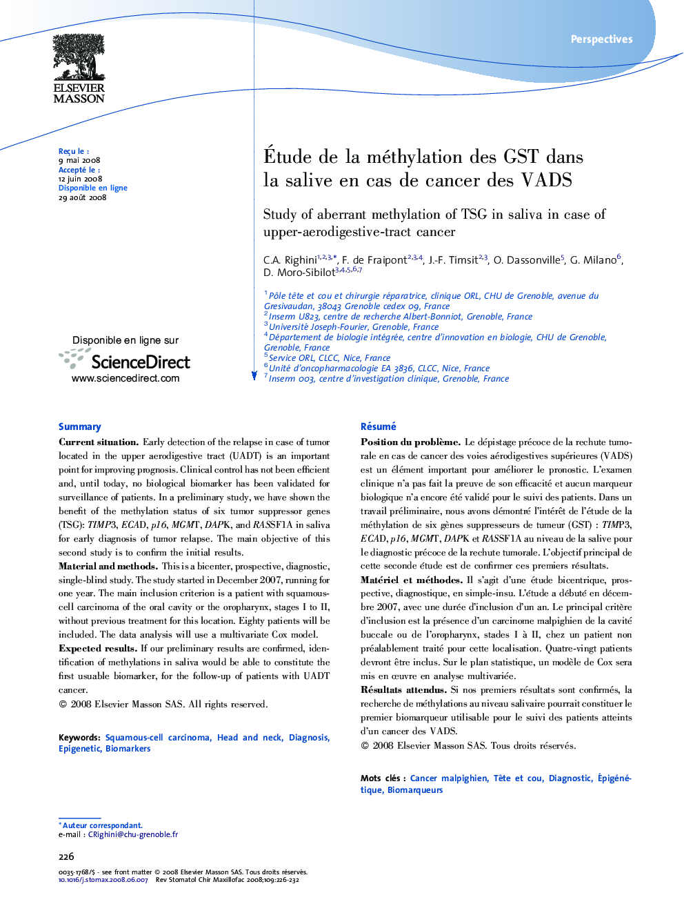 Ãtude de la méthylation des GST dans la salive en cas de cancer des VADS