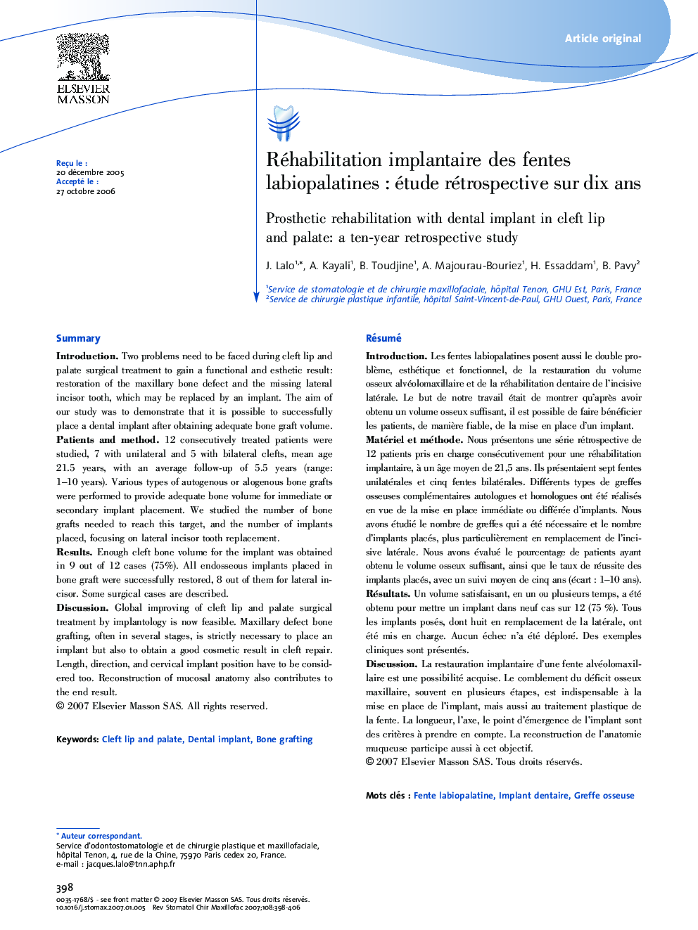 Réhabilitation implantaire desÂ fentes labiopalatinesÂ : étude rétrospective surÂ dixÂ ans