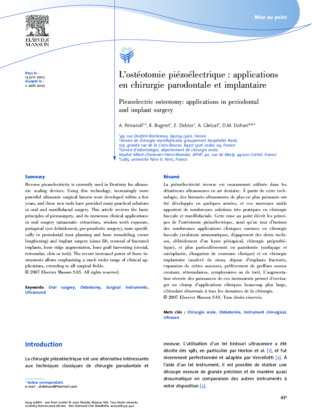 L'ostéotomie piézoélectriqueÂ : applications enÂ chirurgie parodontale etÂ implantaire