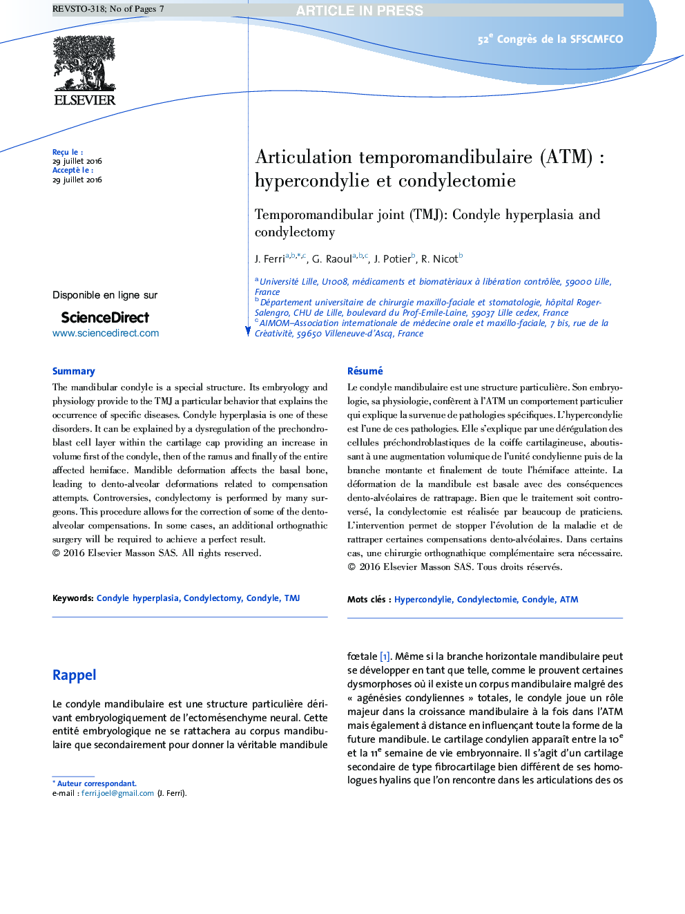 Articulation temporomandibulaire (ATM)Â : hypercondylie et condylectomie